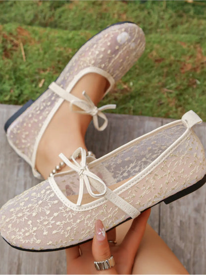 Women's Mesh Mary Jane Flats – Round Toe, Bow