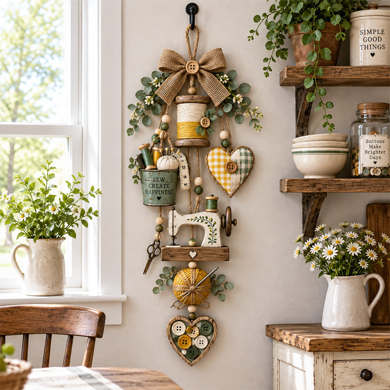 Rustic Wooden Sewing - Themed Hanging Ornament with Remote Control Fairy Lights