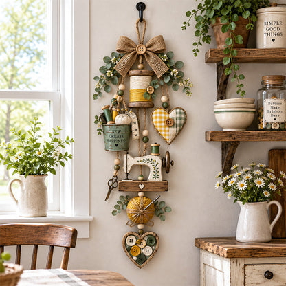 Rustic Wooden Sewing - Themed Hanging Ornament with Remote Control Fairy Lights