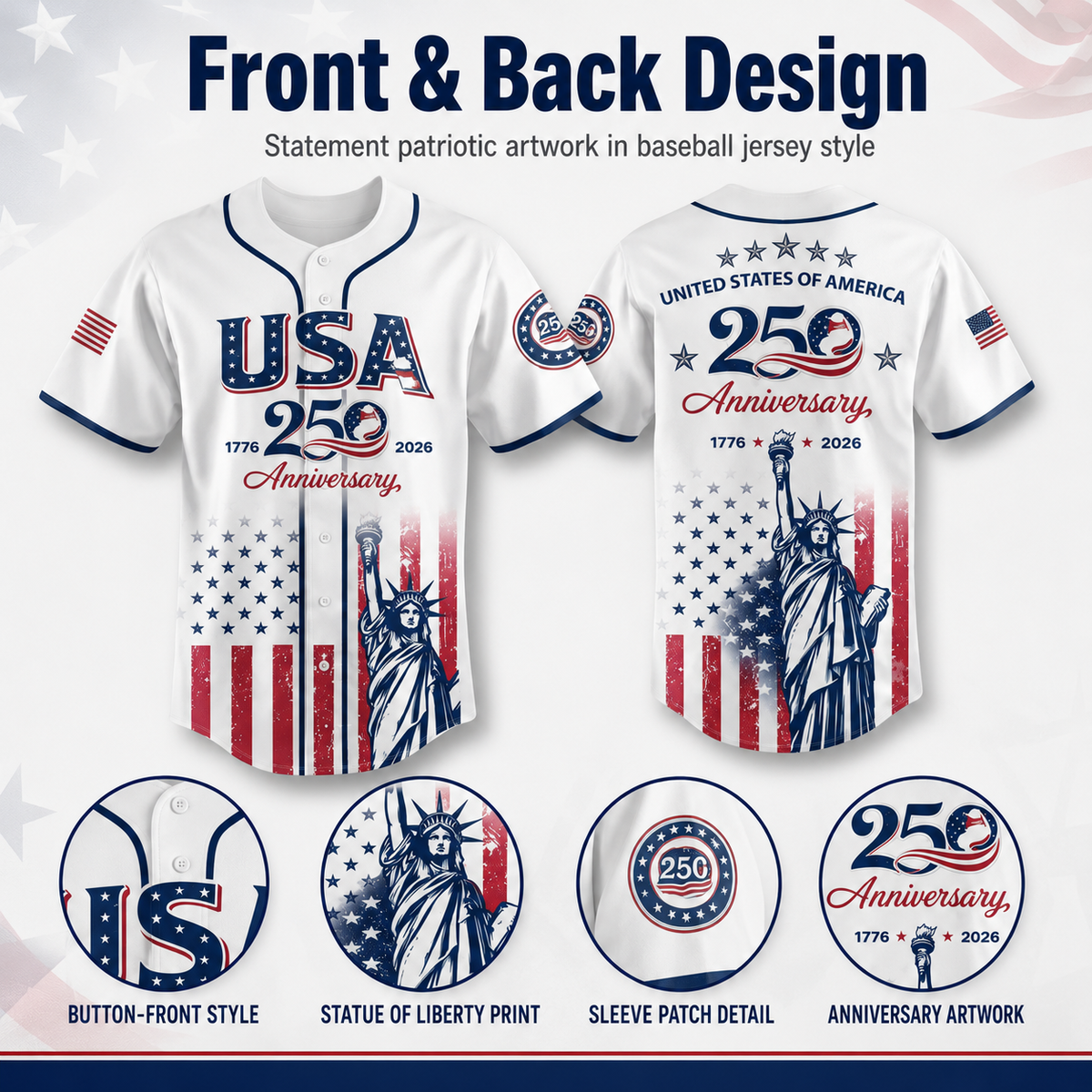 USA 250th Anniversary Patriotic Baseball Jersey
