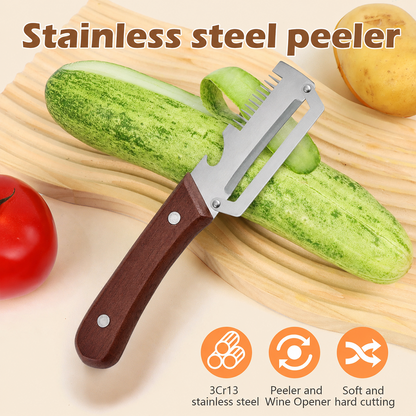Wooden-Handled Vegetable & Fruit Peeler - Stainless Steel Blade with Built-In Bottle Opener