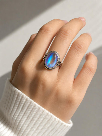 Vintage Rainbow Moonstone Ring-Oval Cabochon Filigree Jewelry