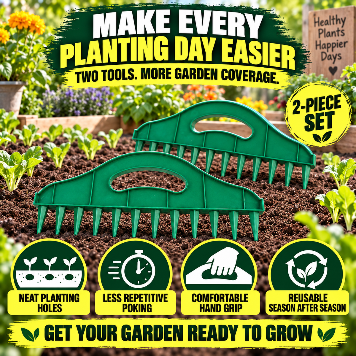 2-Pack Garden Seed Spacing Tool – Multi-Row Soil Dibbler & Furrow Maker