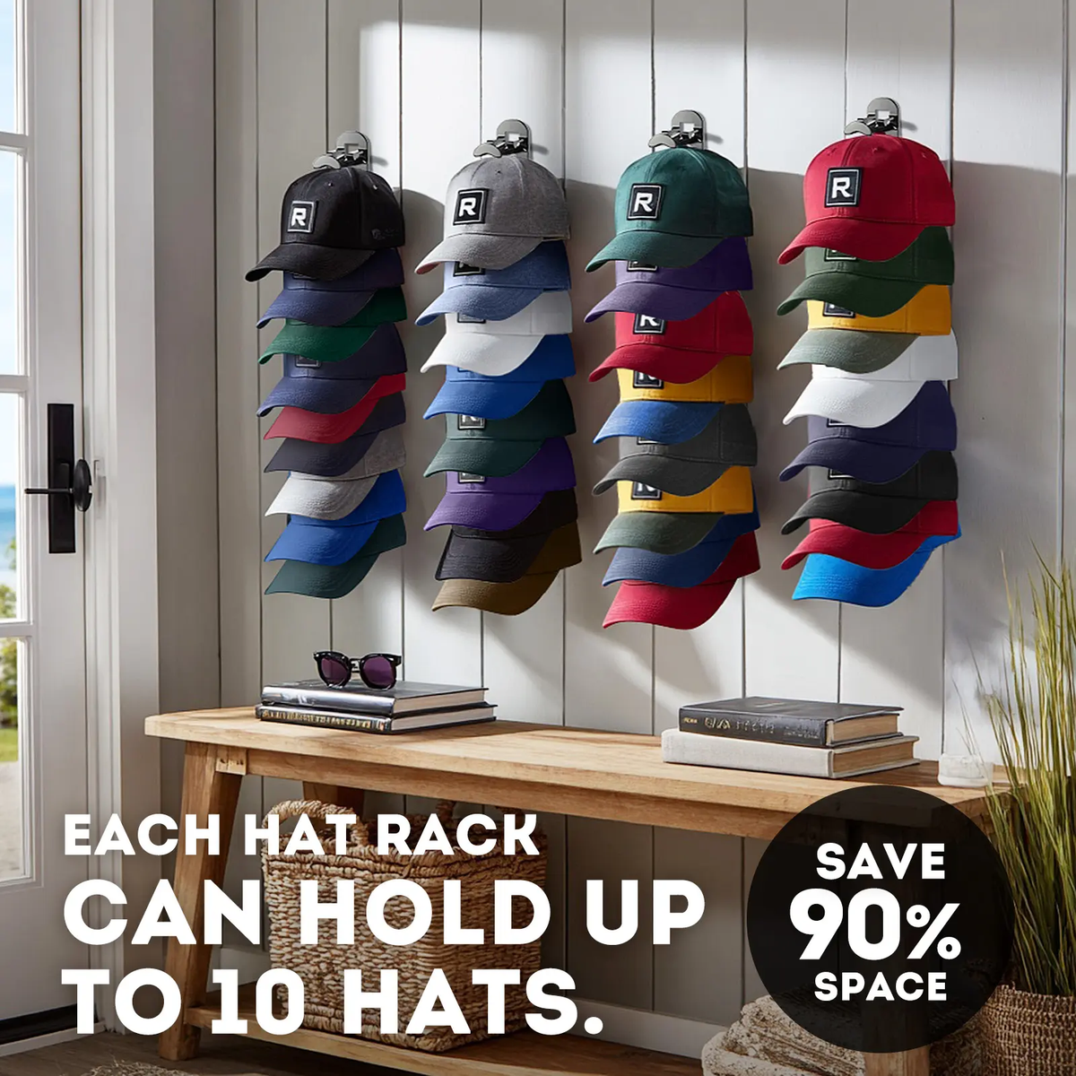 Wall-mounted hat rack – each rack can hold 10 hats