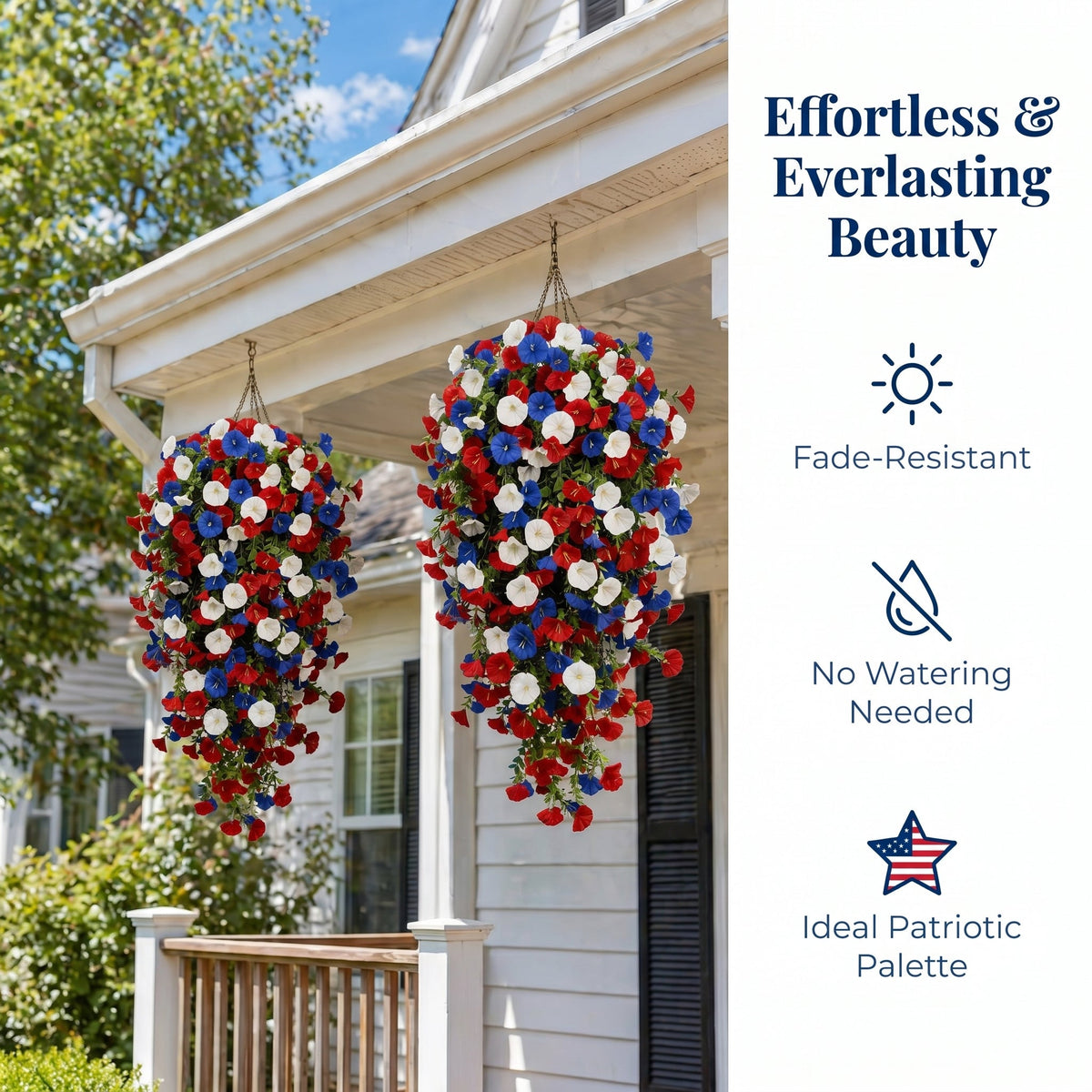 Patriotic Hanging Flower Baskets – Artificial Outdoor Decor, No Maintenance