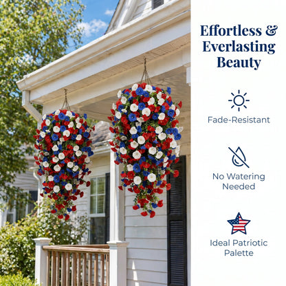 Patriotic Hanging Flower Baskets – Artificial Outdoor Decor, No Maintenance