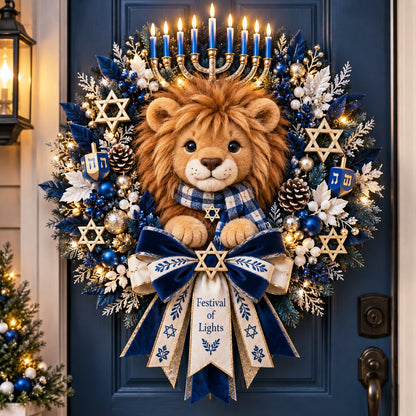 Lion of Judah Hanukkah Lighted Wreath - A Warm & Meaningful Welcome for the Festival of Lights