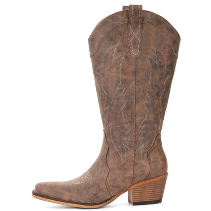 Women's Vintage Embroidered Boots – Western, Pointed Toe, Chunky Sole