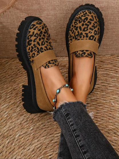 Women's Leopard Print Loafers – Round Toe, Chunky Sole, Slip-On
