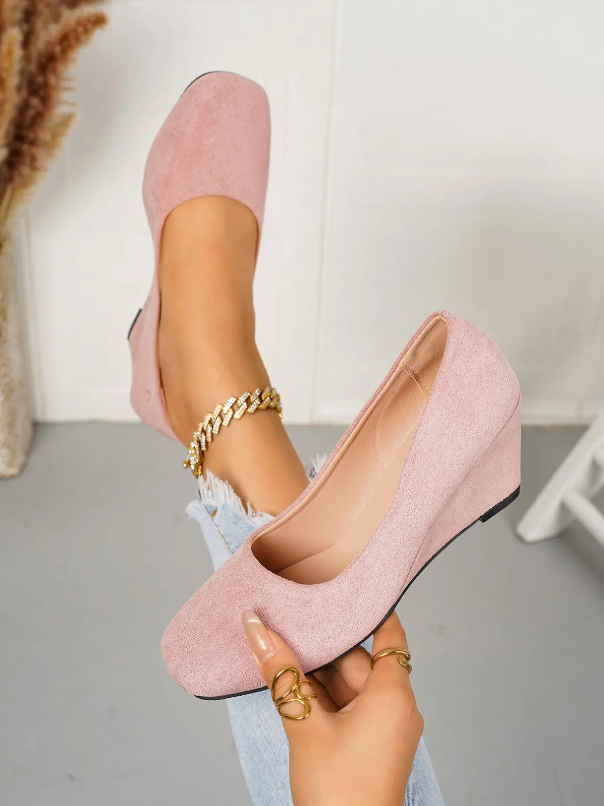 Women's Velvet Shoes – Wedge, Low Heel, Slip-On