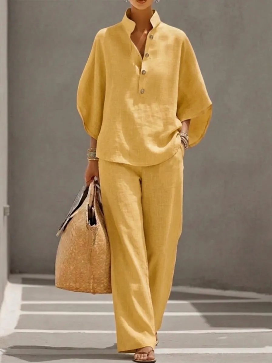 Women's Batwing Sleeve Two-Piece Set – Casual Shirt & Wide Leg Pants Outfit