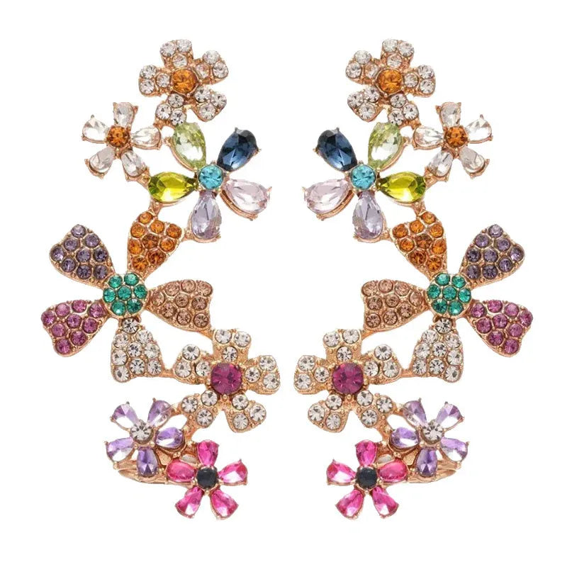 LIMITED-TIME ! Vibrant Floral Crawler Earrings – Multicolor Rhinestone, Lightweight, Hypoallergenic