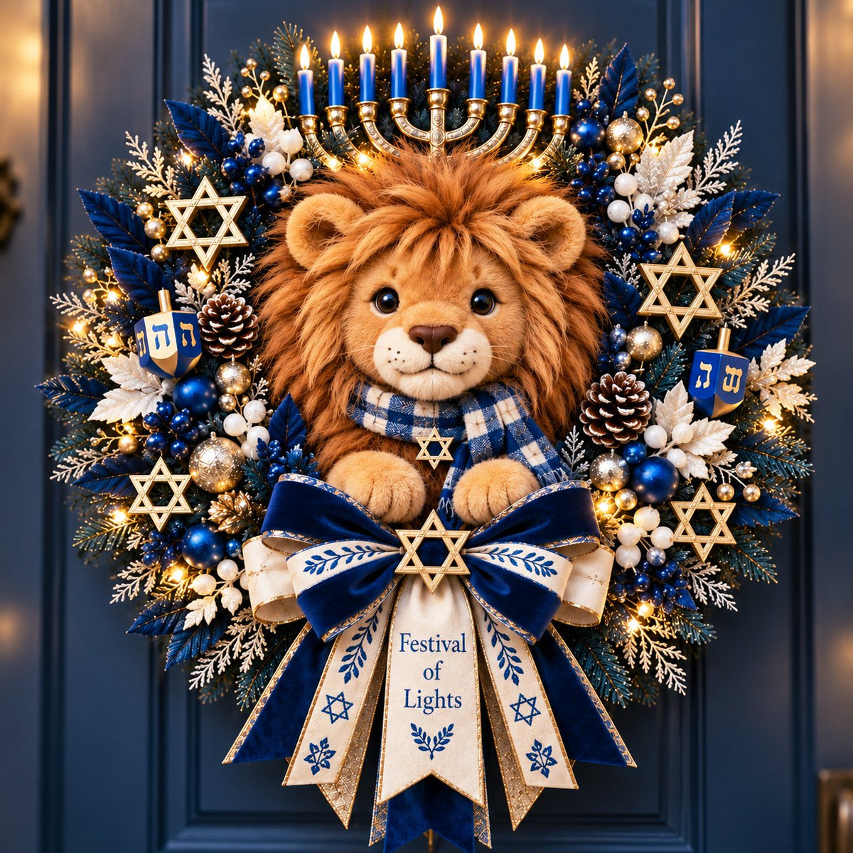 Lion of Judah Hanukkah Lighted Wreath - A Warm & Meaningful Welcome for the Festival of Lights