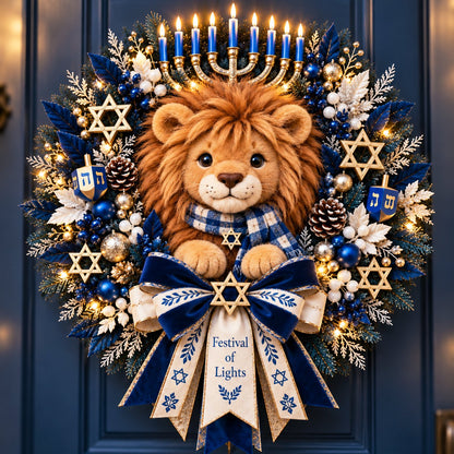 Lion of Judah Hanukkah Lighted Wreath - A Warm & Meaningful Welcome for the Festival of Lights