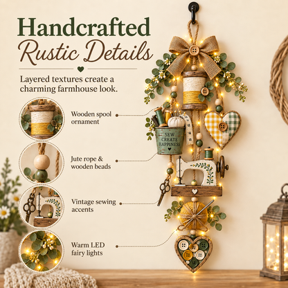Rustic Wooden Sewing - Themed Hanging Ornament with Remote Control Fairy Lights