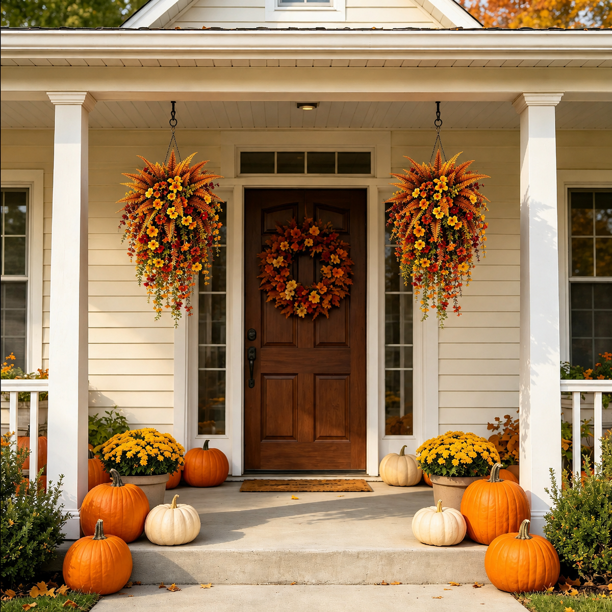 ARTIFICIAL FALL HARVEST HANGING BASKET - AUTUMN PORCH & DOOR DECORATION