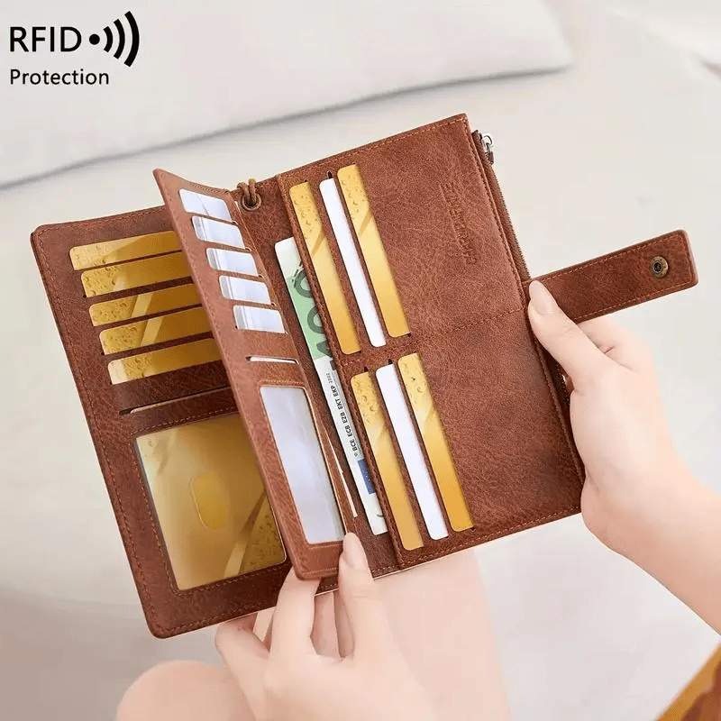 Women's long wallet, stylish clutch, elegant solid color RFID blocking leather wallet