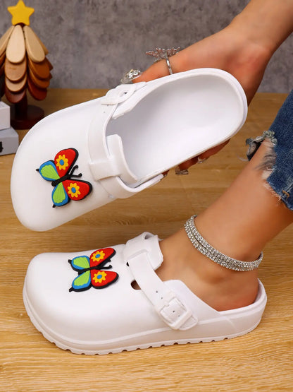 Women's Butterfly Print EVA Clogs – Closed Toe, Adjustable Strap, Slip-On