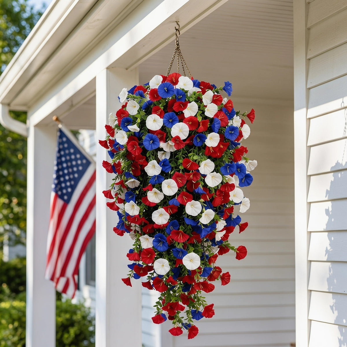 Patriotic Hanging Flower Baskets – Artificial Outdoor Decor, No Maintenance
