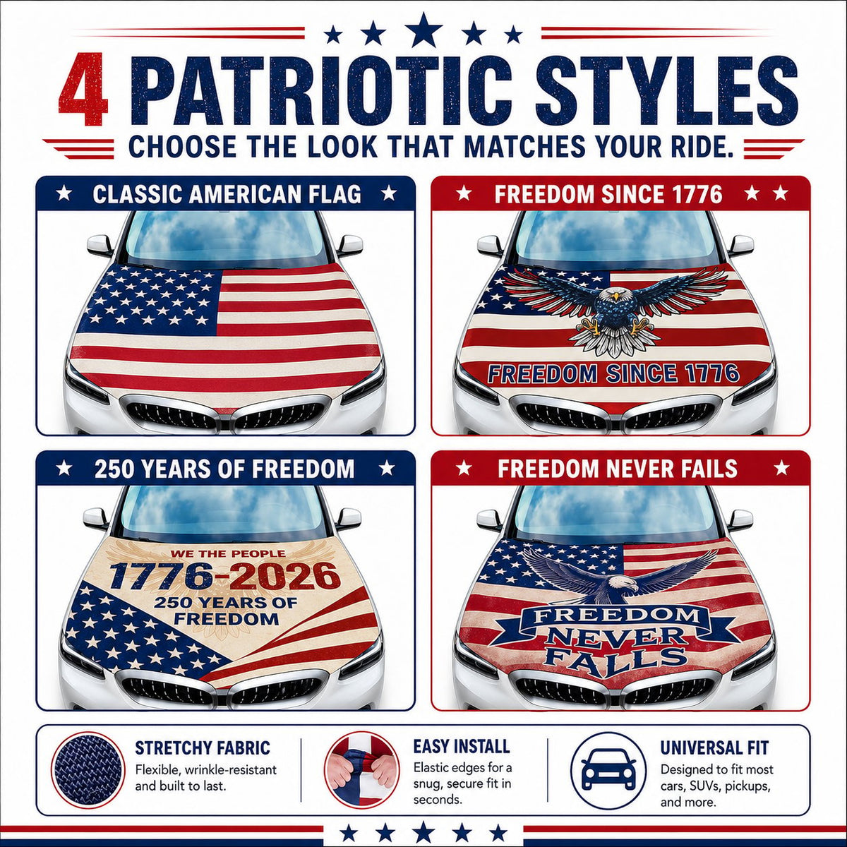 Universal American Hood Flag Cover - Fits Most Cars, SUVs & Pickups