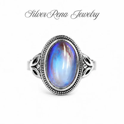 Vintage Rainbow Moonstone Ring-Oval Cabochon Filigree Jewelry