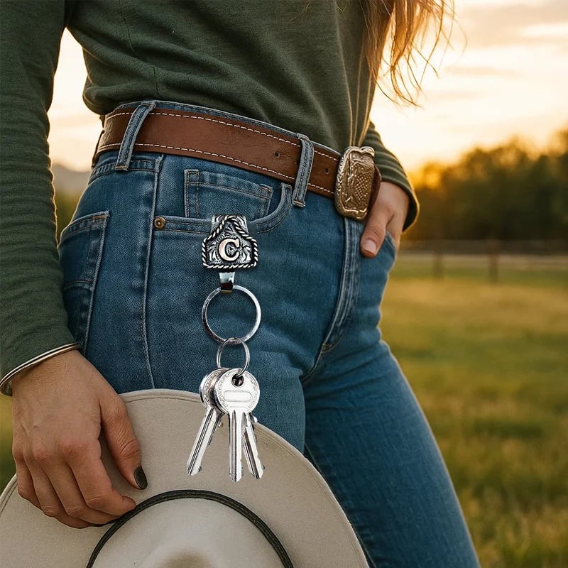Vintage Brass Initial Cow Tag Keychain – Personalized Western Belt Loop Carry