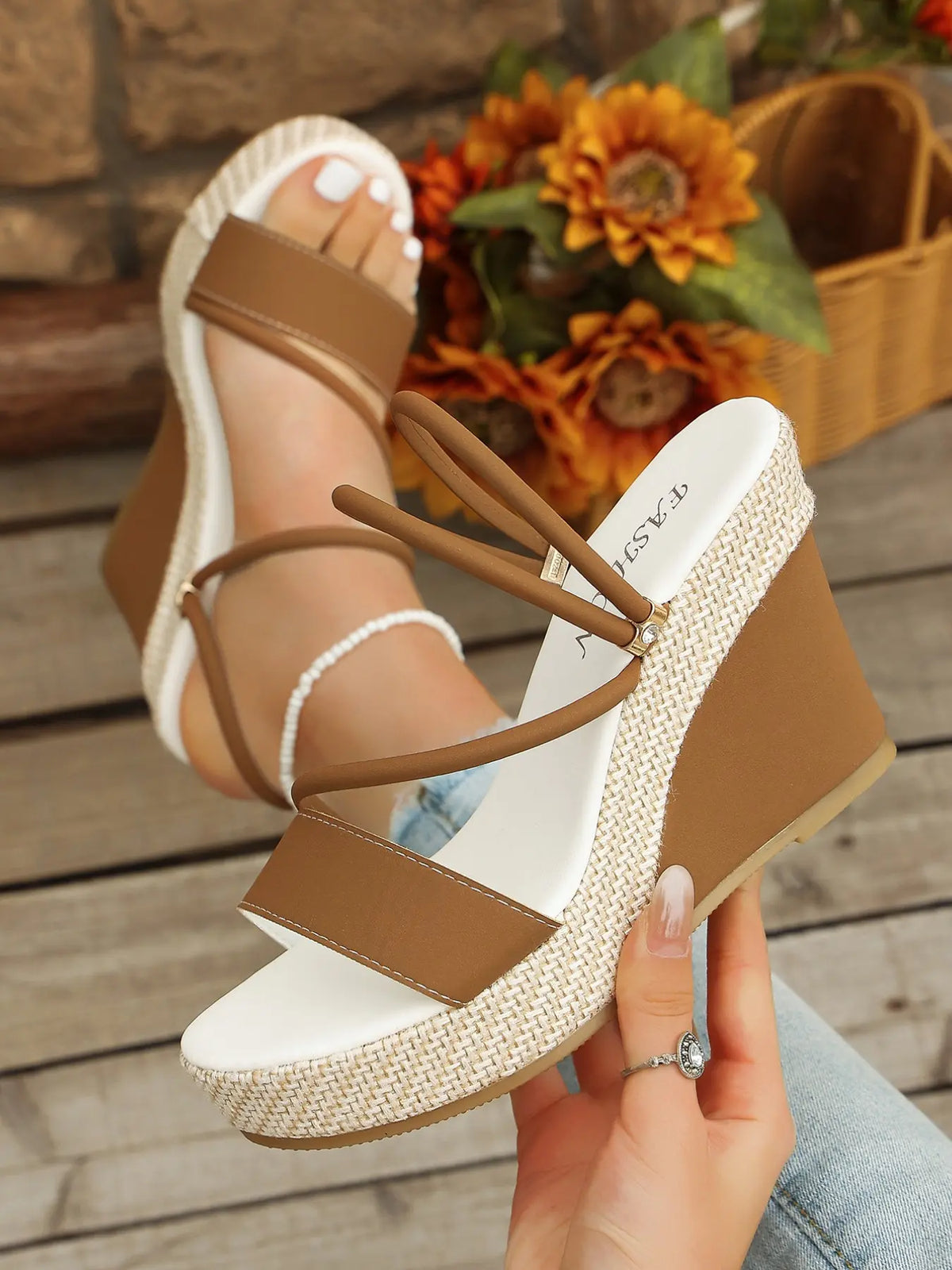 Women's Boho Faux Leather Wedge Sandals – Adjustable Strap