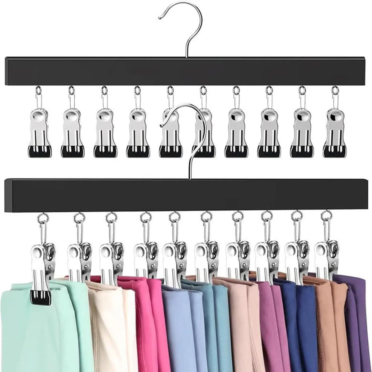 HOT SALE NOW! Wooden Clothing Organizer Hanger with 12 Stainless Steel Clips