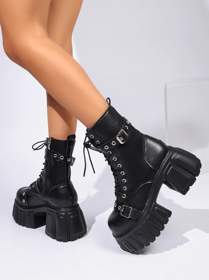 Women's Punk Mid-Calf Boots – Chunky Sole, High Heel