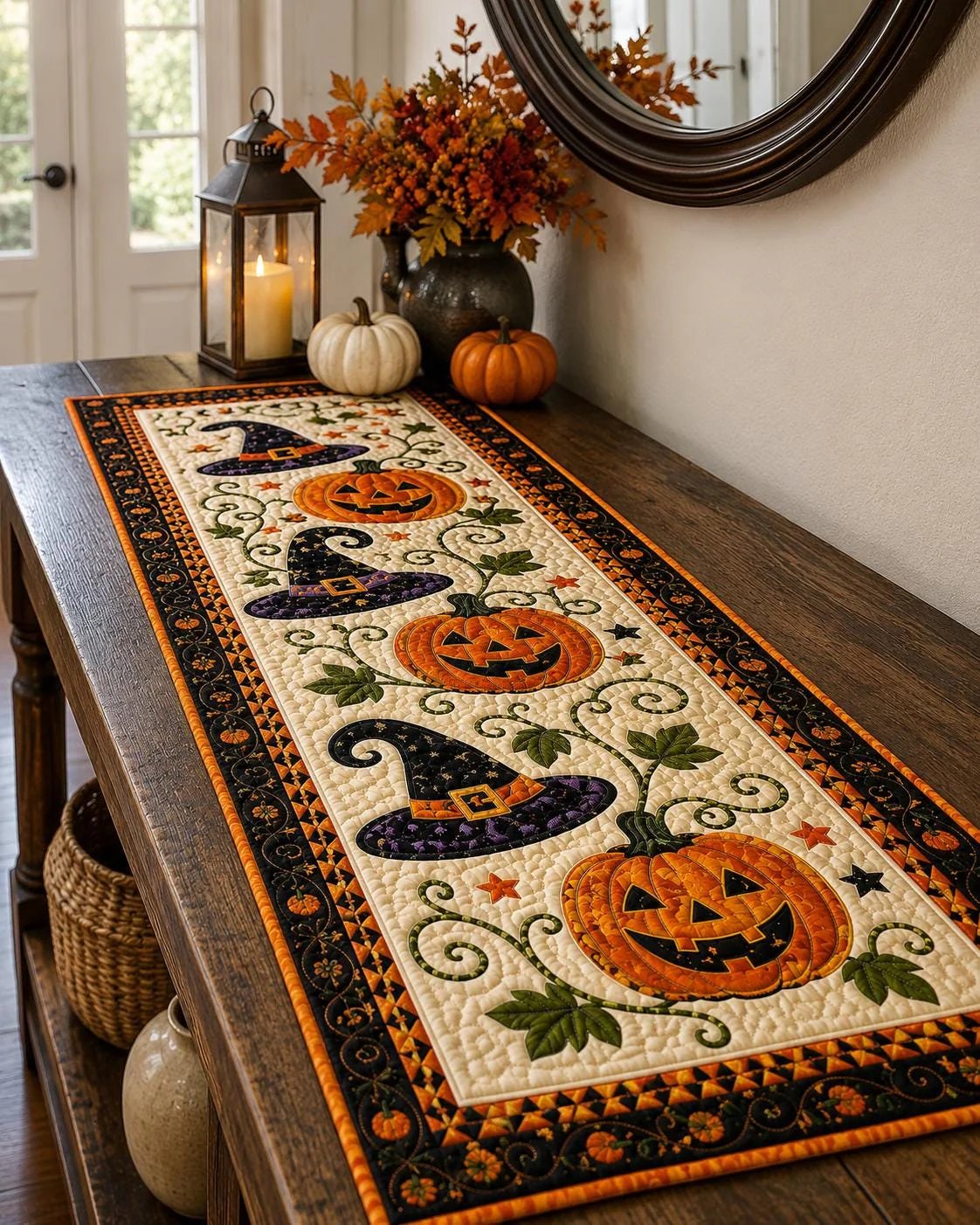 Rustic Quilted Autumn Table Runner – Cozy Harvest Table Decor