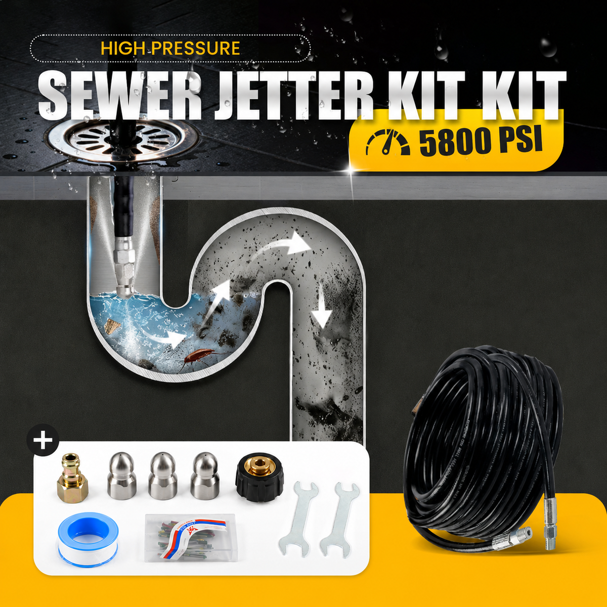 Professional 9-Piece Sewer Cleaning Set – High-Pressure Hose for Tough Clogs & Buildup