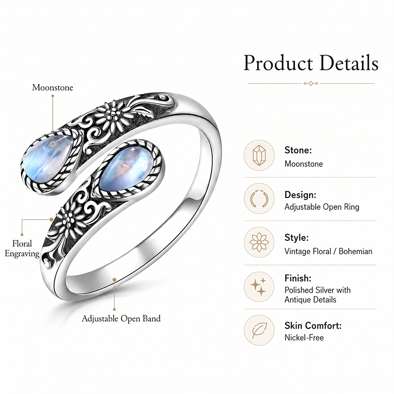 Last Day 50% OFFMoonstone Bloom Ring | Vintage Style • Adjustable Fit • Timeless Elegance