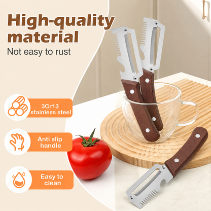 Wooden-Handled Vegetable & Fruit Peeler - Stainless Steel Blade with Built-In Bottle Opener
