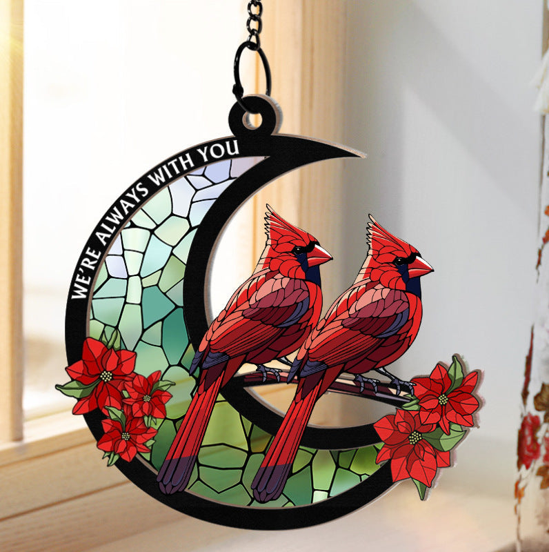 In Loving Memory Cardinal Stained Glass Moon Ornament – Personalized Window Suncatcher