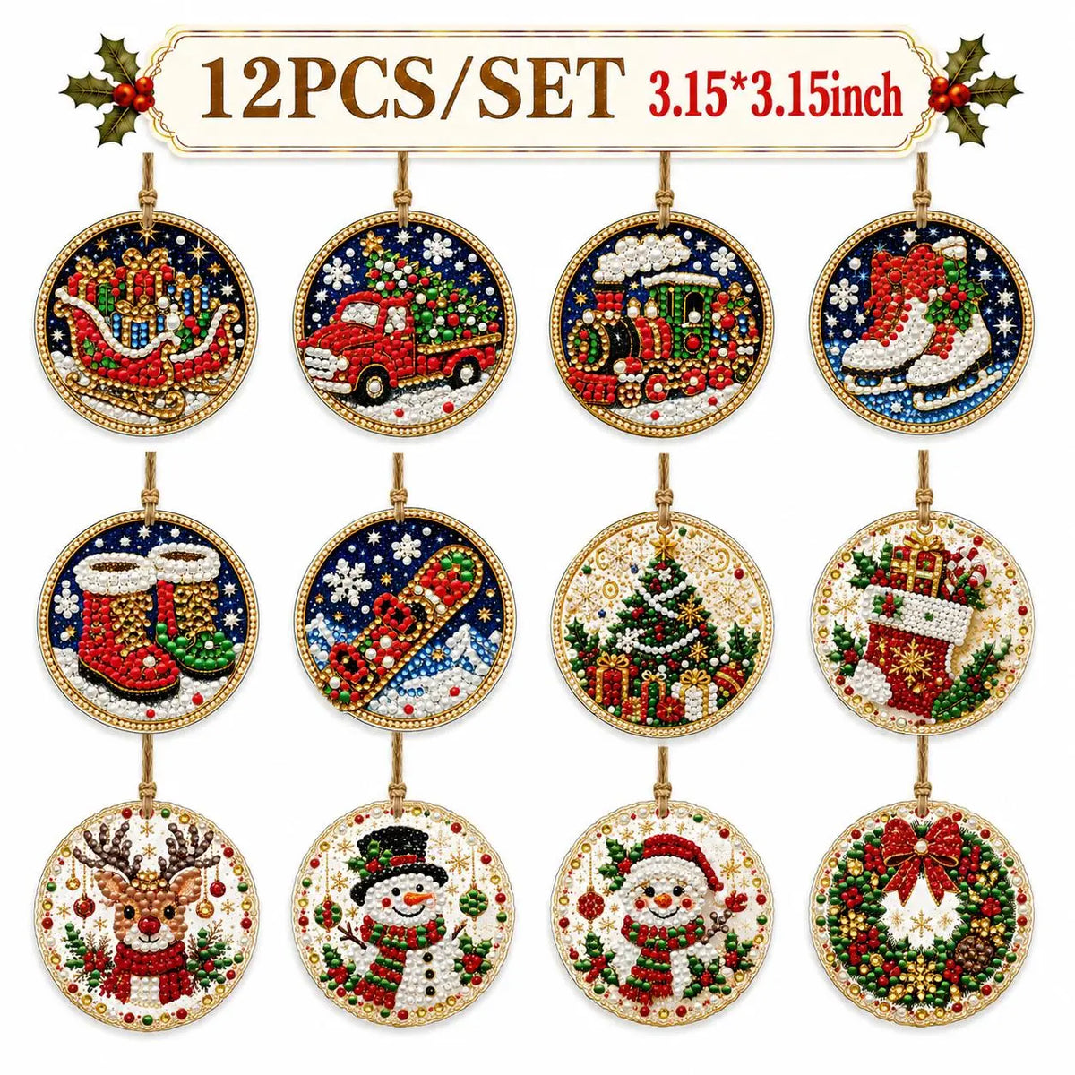 6Pcs/12Pcs Christmas DIY Diamond Painting Ornaments Kit, Xmas Tree Hanging Pendant