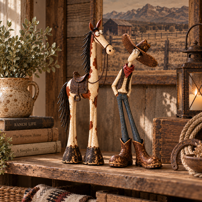 Whimsical Western Cowboy & Horse Figurine Duo