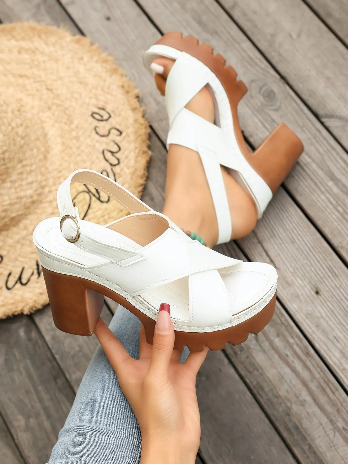 Women's Sandals – Chunky Sole, High Heel, Cross-Strap