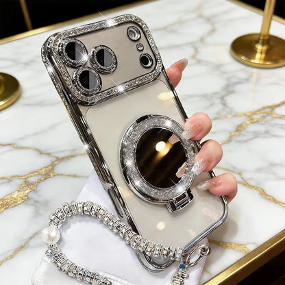 Sparkling Diamond Women's Phone Case with Mirror & Stand for iPhone 12/13/14/15/16/17 Pro Max,17Air,14/15/16 Plus