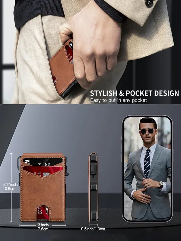 70K+ SOLD!-Wallet for Men - with Pop Up Aluminum Case Money Clip Slim Leather Slots Credit Card Holder RFID Blocking Bifold Minimalist Wallet