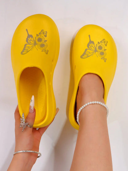 Women's Butterfly Print Floral Slides – Round Toe, Lightweight
