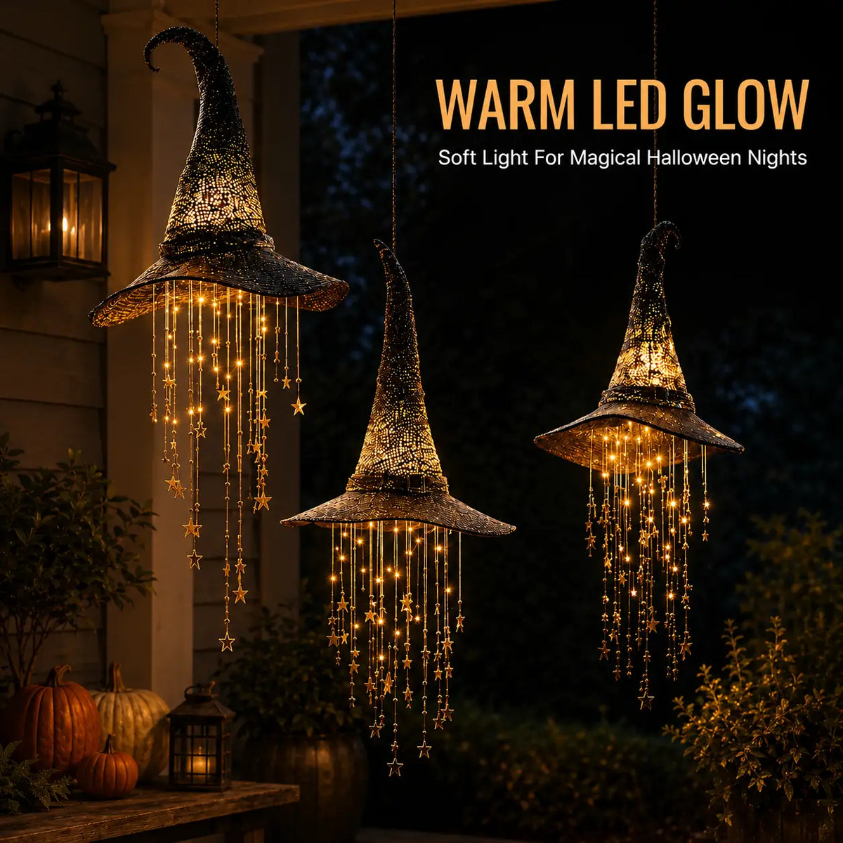 Lighted witch Hat Hanging Decor with Cascading Stars