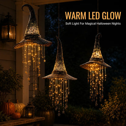 Lighted witch Hat Hanging Decor with Cascading Stars