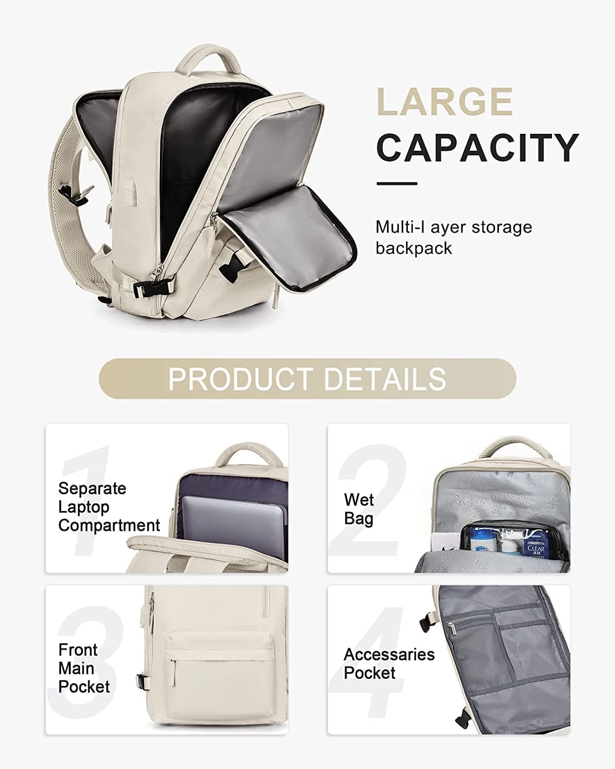 40L Waterproof Travel Backpack with Shoe Compartment & USB Port – 14” (35.56 cm)Laptop Fit