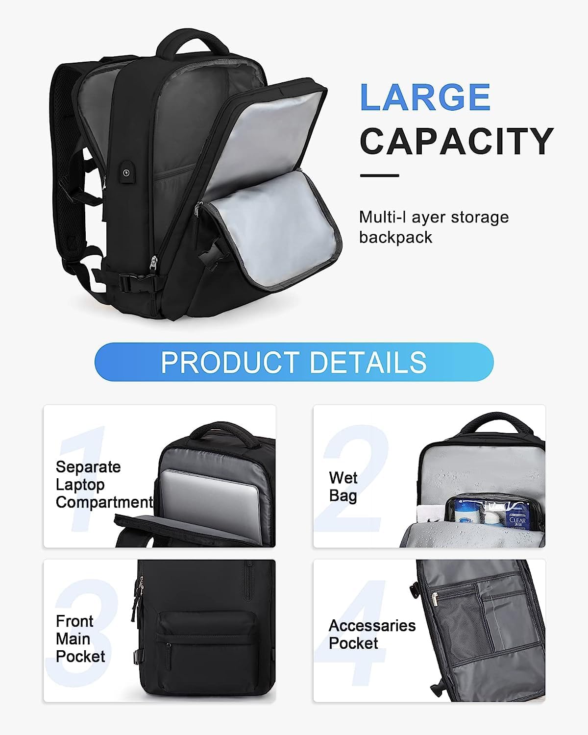 40L Waterproof Travel Backpack with Shoe Compartment & USB Port – 14” (35.56 cm)Laptop Fit