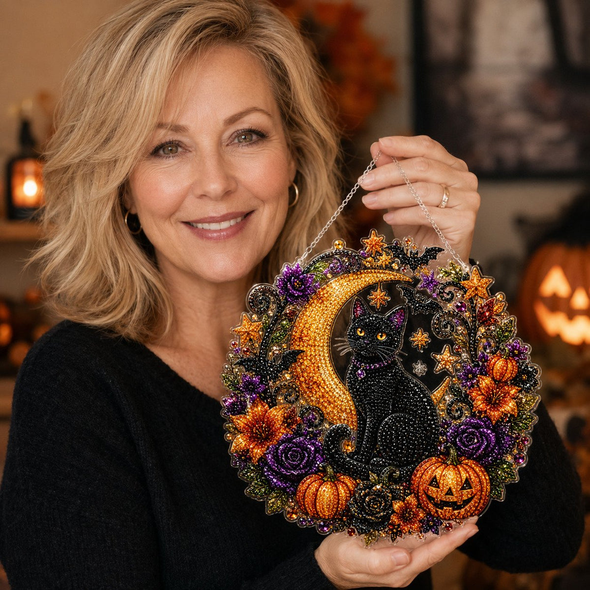 Black Cat Moon Diamond Art Hanging Ornament Kit – Relaxing DIY Halloween Craft