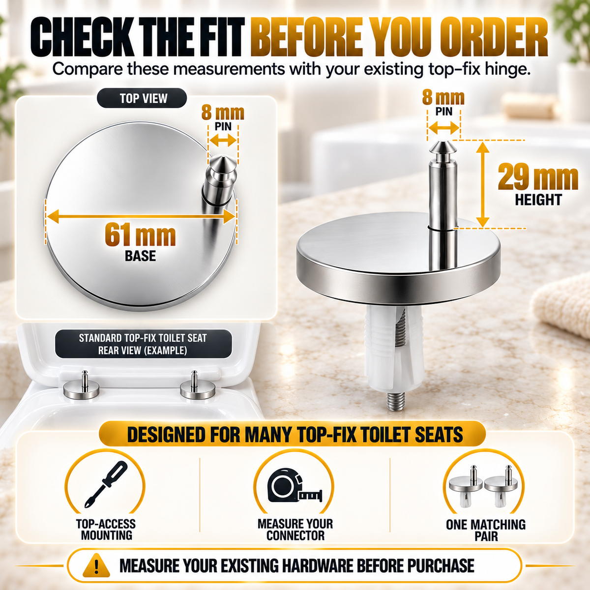 2-Pack Top-Fix Toilet Seat Hinge Bolts – Adjustable Anti-Wobble Replacement Kit