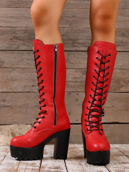 Women's Faux Leather Ankle Boots – Chunky Sole, Block Heel, Zip
