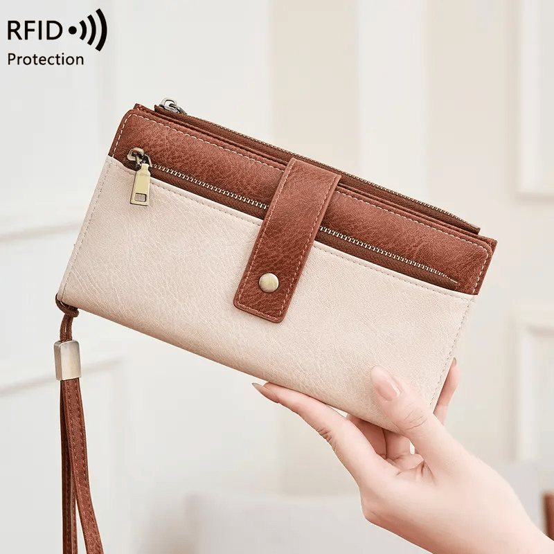 Women's long wallet, stylish clutch, elegant solid color RFID blocking leather wallet