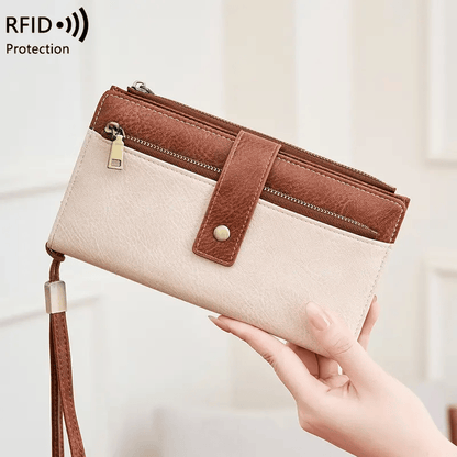Women's long wallet, stylish clutch, elegant solid color RFID blocking leather wallet