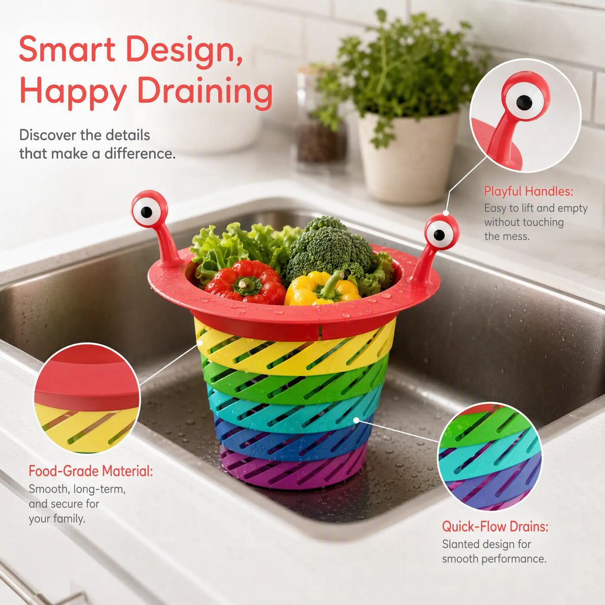 3PCS Rainbow Expandable Sink Strainer Basket, Rotatable Retractable Kitchen Sink Drain Filter
